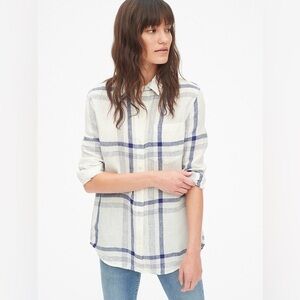 Gap 100% Linen Boyfriend Shirt Size S Blue White Plaid Button-Down